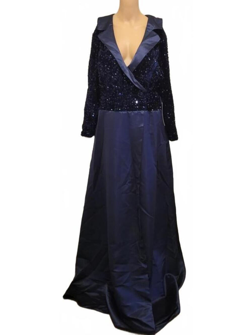 Women's Elegant Navy Blue Sequin Evening Prom wedding Party Gown Plus Slit Dress